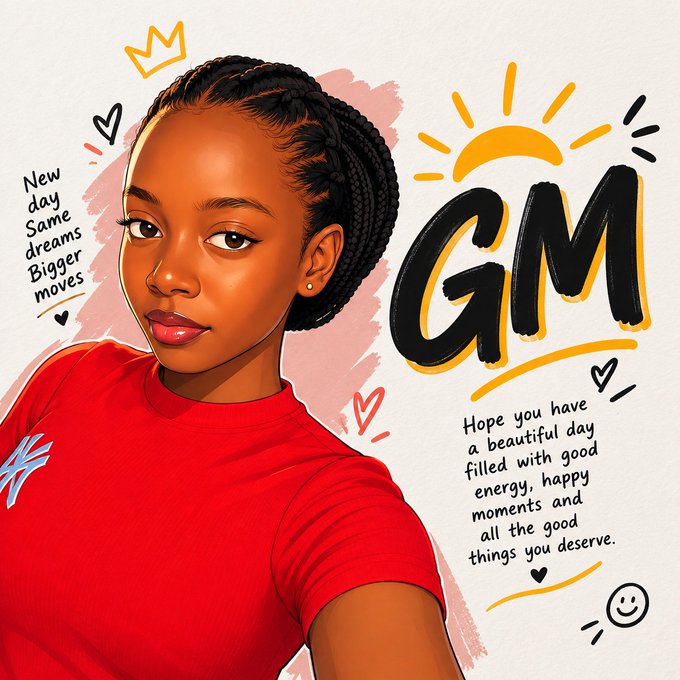 An illustrated portrait of a young woman with braided hair wearing a red shirt accompanies the text 'GM' and motivational messages about new days, same dreams, bigger moves, and having a beautiful day filled with good energy.