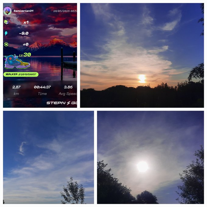 The image consists of four photos, each depicting a different view of the sky with clouds during sunset. In one photo, there are two mountains visible against the backdrop of the sky. The other three photos show various cloud formations throughout the day as the sun sets. The images also include text that reads "#stepn #stepngo #streethunt #skysurf". This suggests that these pictures might be related to a fitness app or game, possibly tracking steps taken during sunset walks and providing an engaging visual experience for users.