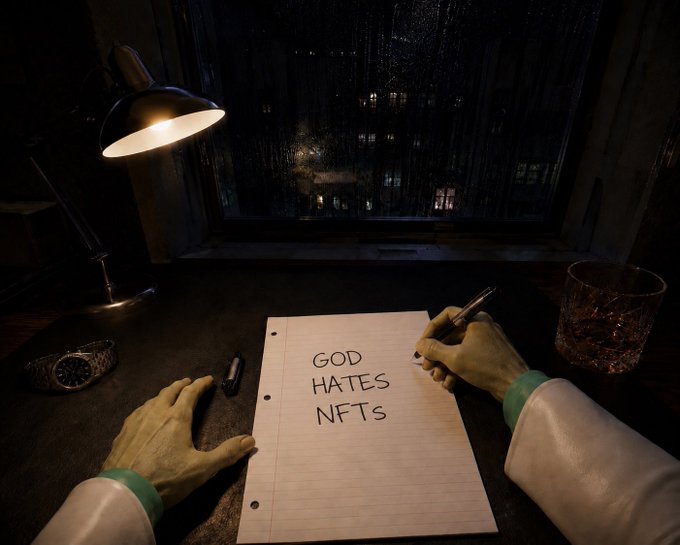 A dark, atmospheric first-person view of hands writing 'GOD HATES NFTS' on a notepad, with a glass of liquor and a watch on a desk beside a rain-streaked window.