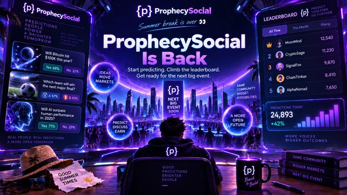 A purple-themed promotional banner for 'ProphecySocial' announcing 'Summer break is over' and 'ProphecySocial Is Back', featuring a leaderboard with users like 'MoonMind' (12,540) and 'CryptoSage' (11,230).