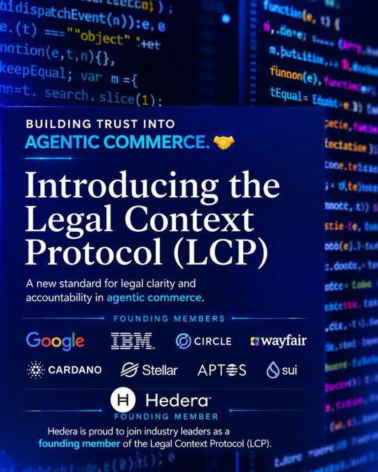 The image features a poster for an event called "Introducing the Legal Context Protocol (LCP)". The poster includes logos from various companies, such as Google, IBM, Circle, and Hedera. It also contains text that explains what the Legal Context Protocol is and how it can be used by AI agents to make better decisions.