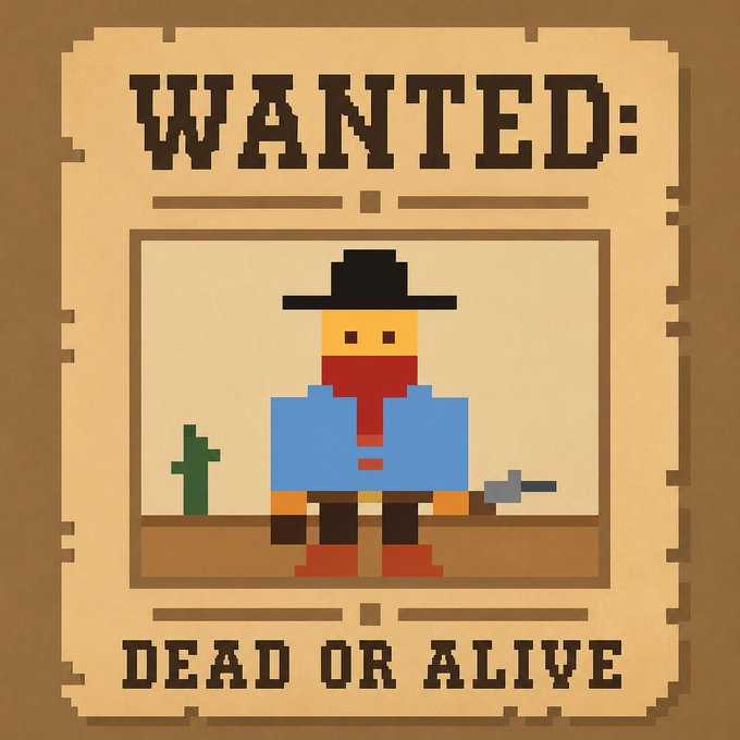 A pixel art "WANTED: DEAD OR ALIVE" poster depicting a cowboy in a black hat, blue shirt, and red bandana holding a gun, with a cactus nearby.