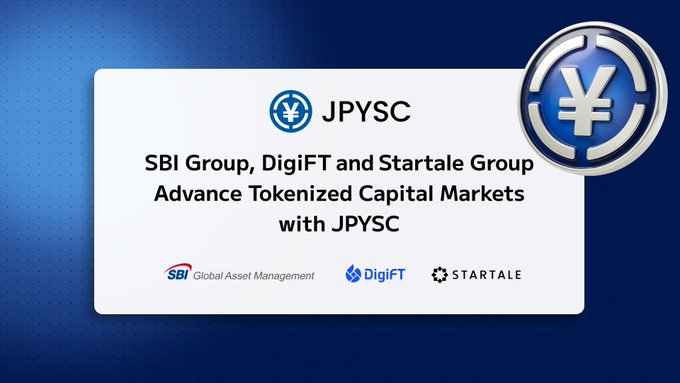 A promotional graphic announces that "SBI Group, DigiFT and Startale Group Advance Tokenized Capital Markets with JPYSC," featuring logos for SBI Global Asset Management, DigiFT, and Startale alongside the yen-symbol JPYSC emblem, illustrating the collaborative push to bring yen-denominated stablecoin settlement and onchain dividend distribution to tokenized securities.