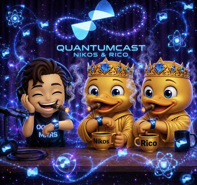 The image features a cartoon duck sitting at a table with two other cartoon ducks, all of them holding coffee cups. The background of the image is blue and purple, which gives it a whimsical and artistic feel. In the bottom right corner of the image, there's text that reads "quip network". This suggests that this image might be related to a social media post or an advertisement for a website or platform.