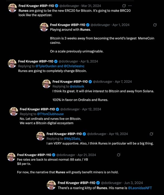 A series of tweets from Fred Krueger (@dotkrueger) discussing Runes and Bitcoin, including commentary that 'Runes are going to be the new ERC20 for Bitcoin' and that Ordinals/Runes will 'drive interest to Bitcoin and away from Solana.'