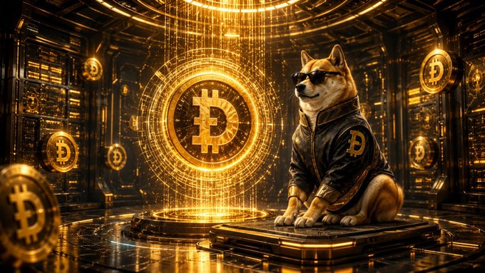 A Shiba Inu dog wearing sunglasses and a leather jacket emblazoned with the Bitcoin 'B' symbol, sitting on a pedestal in a golden Bitcoin-themed room with floating BTC coins.