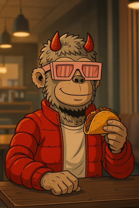 A cartoon illustration of a furry monkey-like character with red devil horns, pink shutter shades, and a red puffer jacket holding a taco in a warmly lit restaurant.