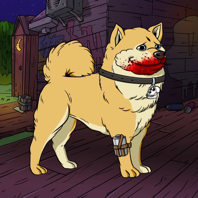 A cartoon illustration of a Shiba Inu dog with blood around its mouth, wearing a spiked collar with a skull tag and a bundle strapped to its leg, standing on a wooden dock at night.