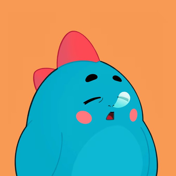 A cute cartoon illustration of a round blue creature with a pink crest/bow on its head, winking with one eye and blowing a small bubble, set against a peach background.