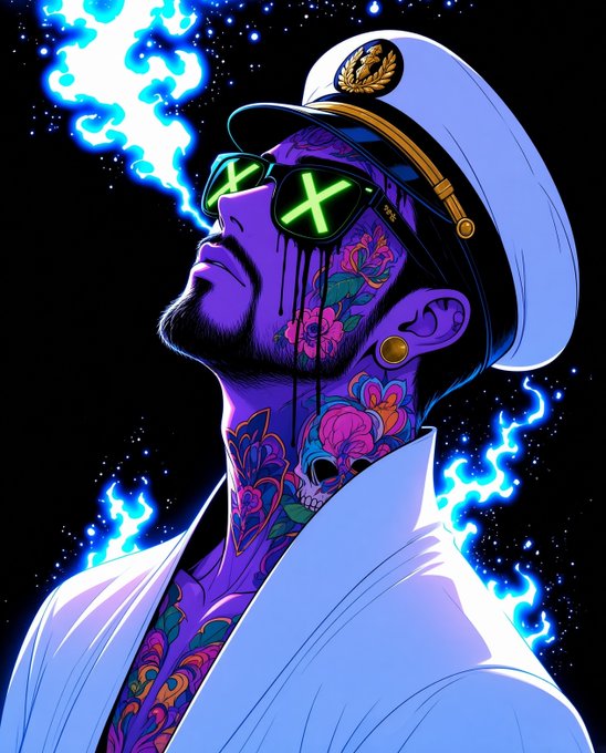 A stylized illustration of a purple-skinned man with green glowing X-shaped sunglasses, wearing a white captain's hat and adorned with floral and skull tattoos, with blue lightning effects in the background.