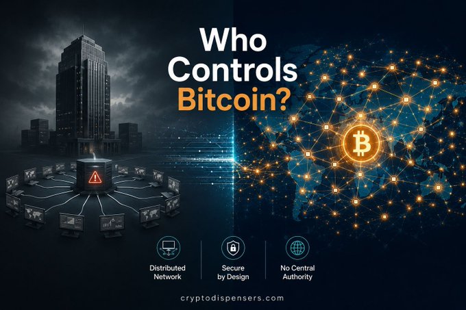 A graphic asking 'Who Controls Bitcoin?' showing a central building with monitors on the left contrasted with a glowing decentralized network on a world map on the right, with tags for 'Distributed Network', 'Secure by Design', and 'No Central Authority' from cryptodispensers.com.