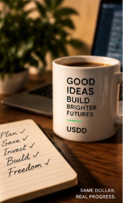 A coffee mug reading "GOOD IDEAS BUILD BRIGHTER FUTURES USDD" sits next to a notepad listing "Plan, Save, Invest, Build, Freedom" with the tagline "SAME DOLLAR. REAL PROGRESS."