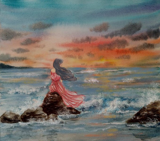 A woman in a flowing pink dress sits on a rock by the sea, gazing at a vibrant sunset with dramatic clouds and crashing waves—an image capturing the theme of "A Place to Breathe" by @Artnaz_eth, perfectly matching the post's description of a serene, reflective escape.