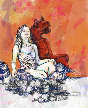 A watercolor-style painting shows a woman and a red dog-like creature sitting together against a vibrant orange and pink background.