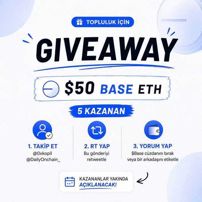 A Twitter giveaway announcement offering $50 BASE ETH to 5 winners, requiring users to follow @0xopil and @DailyOnchain_, retweet, and comment with $Base or tag a friend.