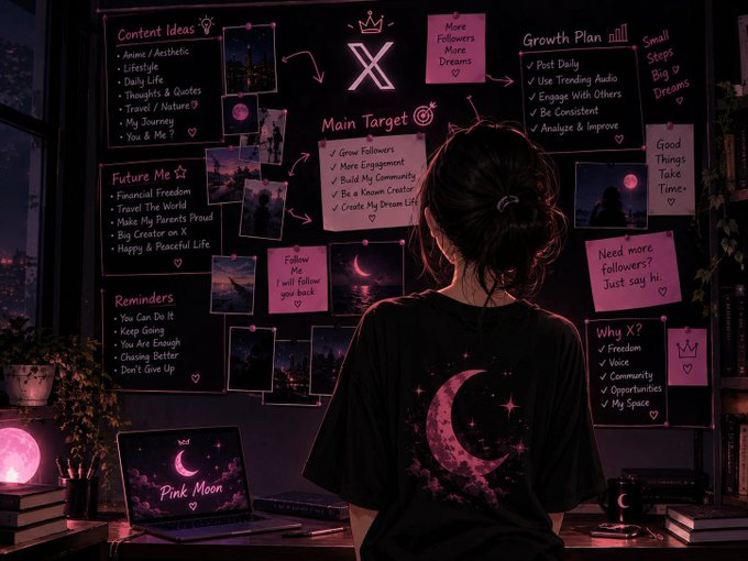 An illustration of a girl with a crescent moon shirt viewing a pink vision board with sections for Content Ideas, Future Me, Reminders, Main Target, and Growth Plan, surrounded by photos and a laptop displaying 'Pink Moon.'
