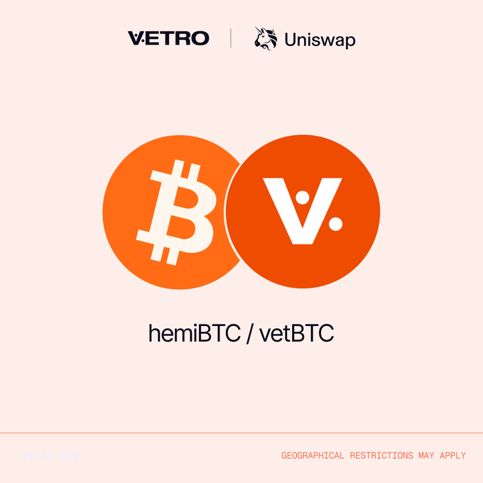 The image is a promotional graphic featuring the Vetra and Uniswap logos at the top, with two overlapping orange circles displaying a Bitcoin "₿" symbol and the Vetra "V." logo, labeled "hemiBTC / vetBTC" below to announce the new trading pair pool on Uniswap.
