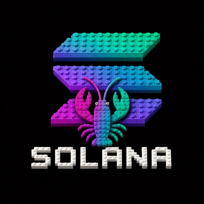 A 3D logo design featuring a colorful lobster made of building blocks positioned over a large 'S' shape, with the word 'SOLANA' spelled out in white block letters below on a black background.