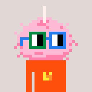 A pixel art character with pink hair, wearing mismatched green and blue glasses and an orange sweater featuring a yellow letter 'K'.