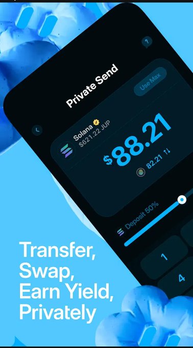 A mobile app screen shows a 'Private Send' feature for Solana with a $88.21 amount and the text 'Transfer, Swap, Earn Yield, Privately.'