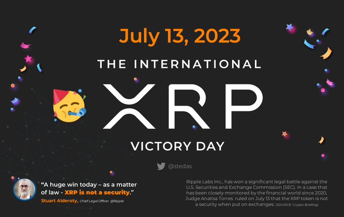 A celebratory graphic titled 'THE INTERNATIONAL XRP VICTORY DAY' dated July 13, 2023 commemorates Ripple Labs Inc.'s legal win against the SEC, quoting Stuart Alderoty stating 'XRP is not in security.'