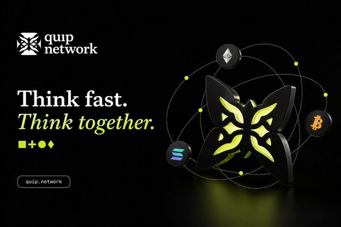 Quip Network promotional image with the tagline 'Think fast. Think together.' displayed alongside a 3D glowing yellow butterfly emblem and cryptocurrency logos (Ethereum, Bitcoin, Solana) against a dark background.