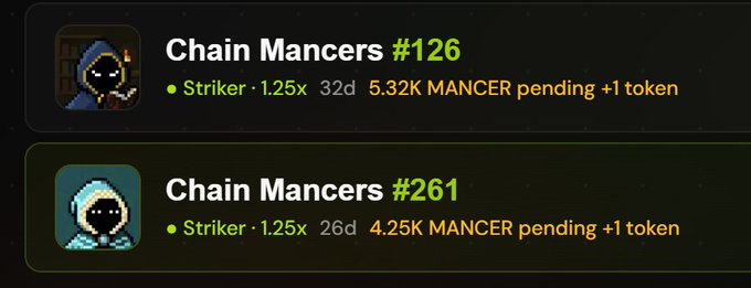 A screenshot showing two NFT listings: "Chain Mancers #126" and "Chain Mancers #261", both marked as "Striker" with pending Mancer token offers.