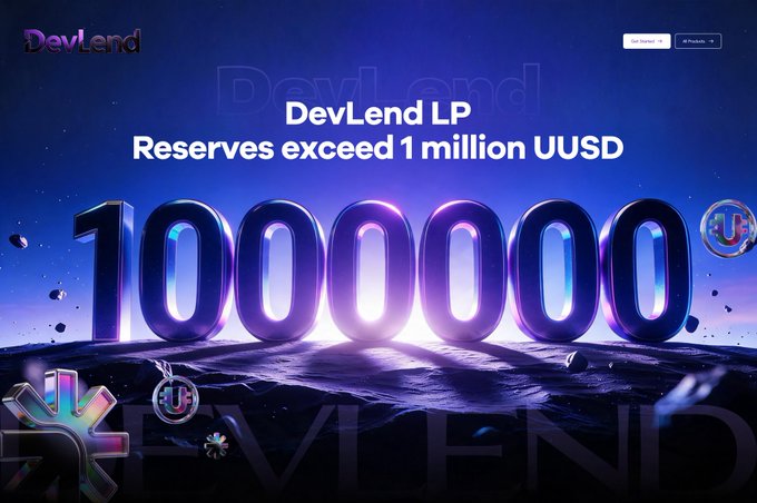A promotional graphic for DevLend LP announces that reserves have exceeded 1 million UUSD, with the milestone represented by large, glowing "1000000" numerals set against a cosmic purple backdrop.

The image visually reinforces the "1M" figure from the post's "1M 10M 100M" sequence, highlighting the first milestone on what appears to be a growth trajectory toward 10 million and 100 million UUSD.