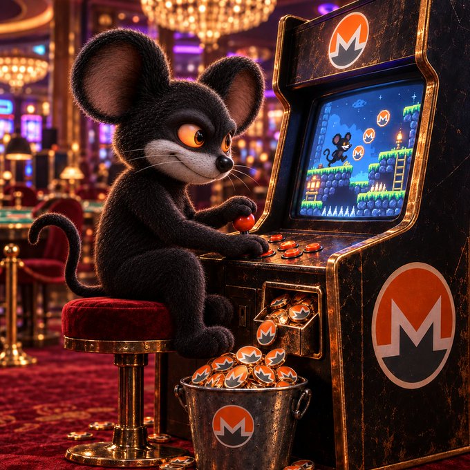 An adorable black-furred mouse with large ears sits on a red velvet stool, intently playing an arcade game on a slot machine branded with the orange "M" Monero logo, while a bucket and tray overflow with Monero coins in a lavish casino setting.