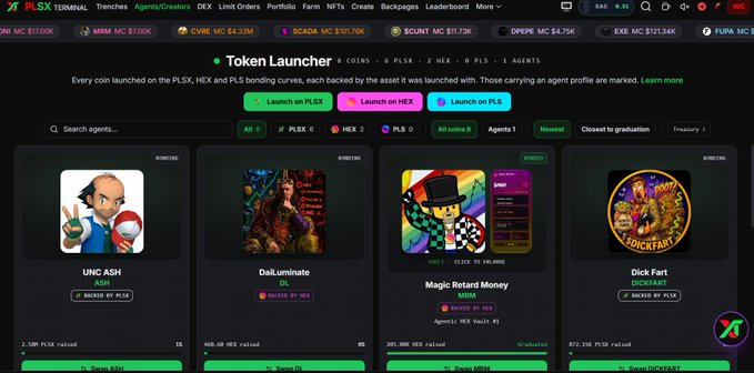 Screenshot of the PLSX Terminal Token Launcher page, showing meme coin listings including 'UNC ASH', 'DaiLuminate', 'Magic Retard Money', and 'Dick Fart' along with various navigation tabs like Trenches, Agents/Creators, and Limit Orders.