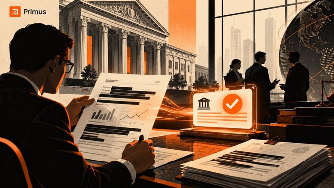 A stylized digital illustration depicting a person reviewing paperwork at a desk, with a government-style building, a globe, and a glowing verification checkmark icon in the background, featuring a 'Primus' logo in the top left corner.