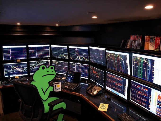 A green cartoon frog character holding an 'I ❤️ BNB' mug sits in an office chair surrounded by multiple monitors displaying cryptocurrency trading charts, with a 'BUY BNB PRAY' sticky note visible.