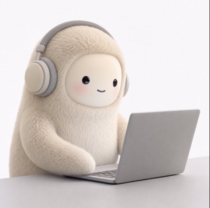 A cute 3D-rendered plush character with a fuzzy white body wearing large headphones while using a gray laptop on a white surface.