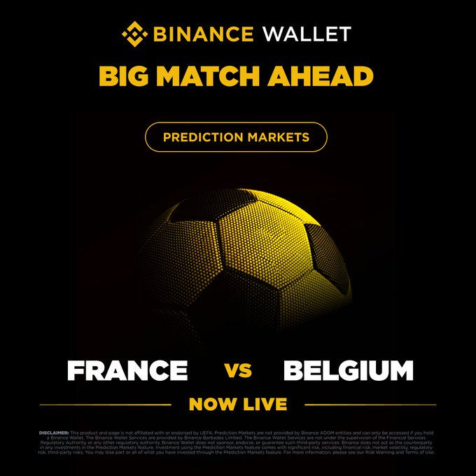 A Binance Wallet promotional graphic featuring a stylized yellow and black soccer ball against a dark backdrop, announcing "BIG MATCH AHEAD" with "PREDICTION MARKETS" now live for the France vs. Belgium matchup, tying into the post's invitation to predict the rematch in Paris and compete in a PnL Trading Competition for a 100,000 USDT prize pool.