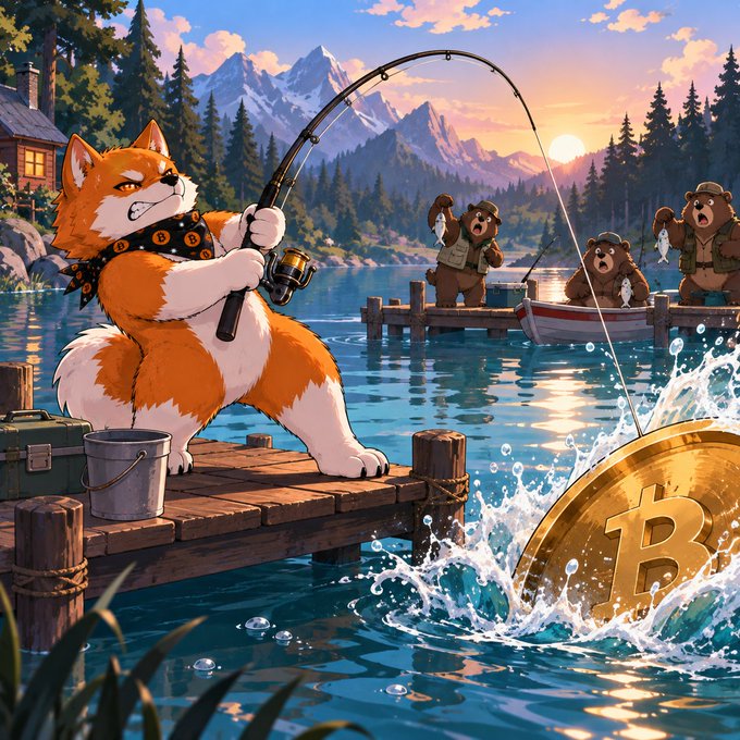 A digital illustration of a Shiba Inu dog wearing a bandana, standing on a wooden dock while fishing at sunset, with a large gold Bitcoin coin splashing into the water and cartoon bears fishing in the background.