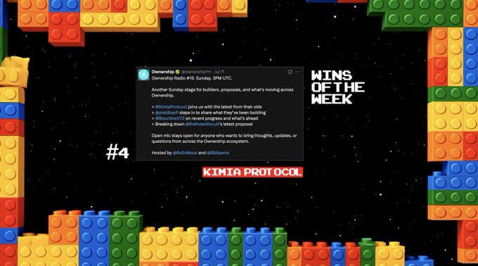A promotional image with colorful LEGO-style block borders containing a tweet from 'Ownership' dated 'Jul 11' about a Sunday recap, with text including '#4' and 'WINS OF THE WEEK' and 'KINJIA PROTOCOL'.