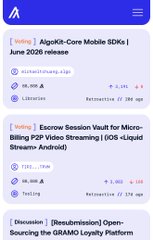 A screenshot of crypto news headlines on a website, listing 'AlgoKit-Core Mobile SDKs | June 2026 release' and 'Escrow Session Vault for Micro-Billing P2P Video Streaming.'