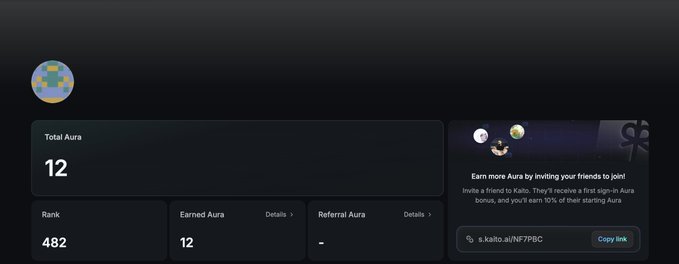 A digital dashboard showing Total Aura of 12, Rank 482, Earned Aura 12, and a referral link s.kaito.ai/NF7PBC.