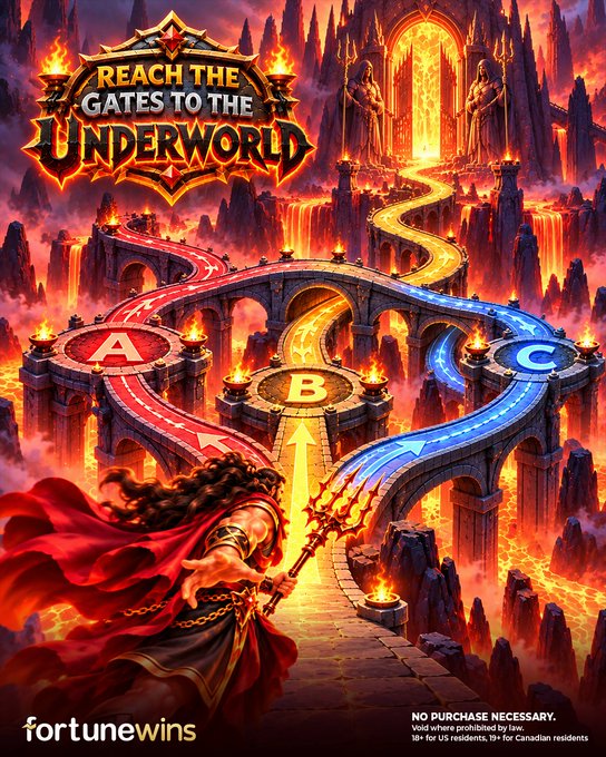 A fantasy-themed promotional graphic for "fortunewins" titled "REACH THE GATES TO THE UNDERWORLD" featuring three gates (A, B, C) and a warrior figure holding a flaming staff.