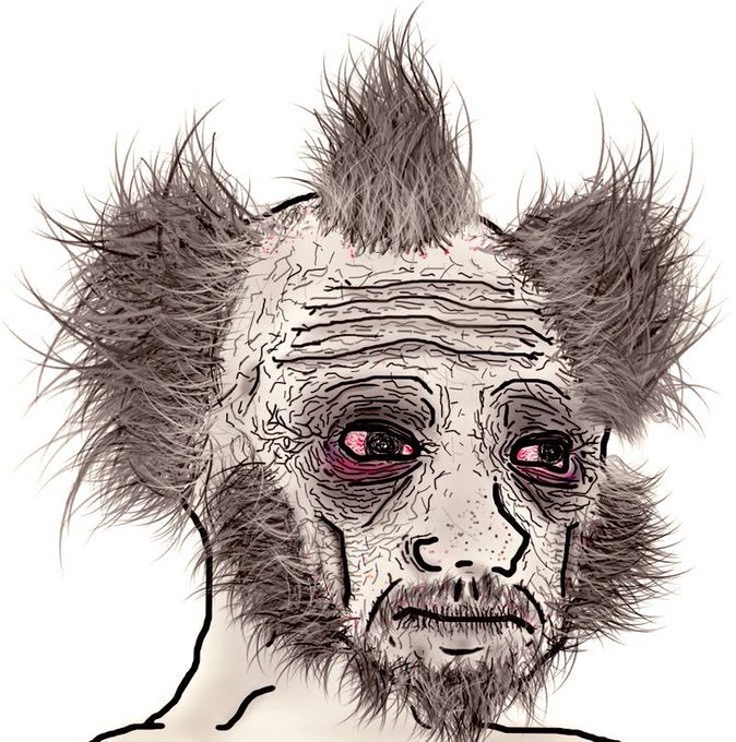 A digital illustration of a gaunt, weary face with wild, spiky gray hair, deep-set pink-rimmed eyes, and a heavily lined complexion, rendered in a sketchy, distorted style.