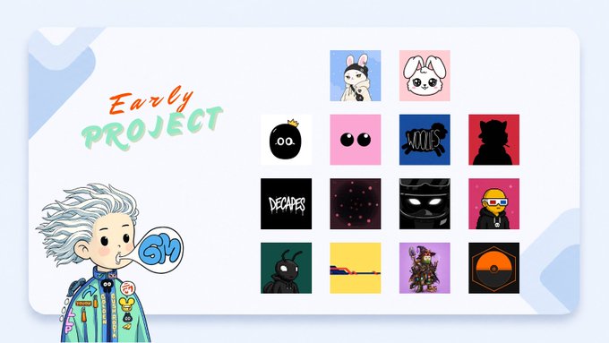 The image features a poster with a cartoon character standing next to a white background that displays various images of different animals such as cats, dogs, and rabbits. The text "Early project" is written above the poster, indicating the theme or subject matter of the artwork. The poster also includes a list of projects worth watching in the form of small illustrations, which are related to the main image.