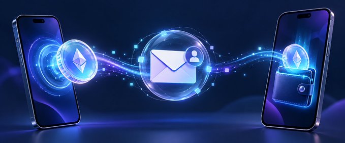 A digital illustration showing two smartphones connected by glowing blue energy waves, with floating graphics of an envelope/messaging icon and a Bitcoin-style wallet, representing cryptocurrency or blockchain-based communication.