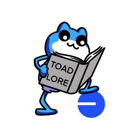 Cartoon illustration of a blue and white anthropomorphic frog character reading a book titled 'TOAD LORE', with a blue one logo beside it.