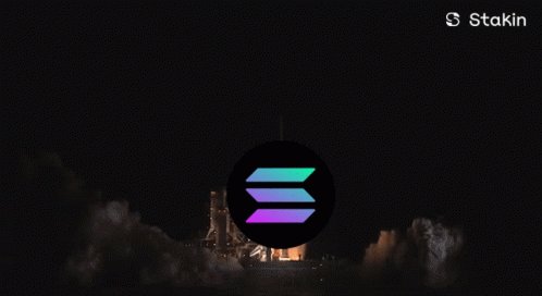 The image features an advertisement for a new cryptocurrency called Solana. The background shows a dark sky with smoke coming from a rocket launch. In the center, there's a logo of the cryptocurrency symbol, which is a blue triangle with purple lines inside. Below this, the text "Solana" is written in white letters. The image also includes a caption that reads: "No other L1 comes close to Solana when it comes to shipping velocity, distribution, culture, and the odds of potentially building a unicorn".