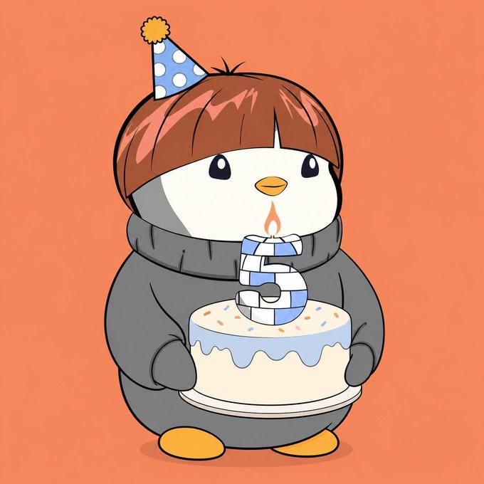 Cartoon penguin wearing a party hat and gray sweater, holding a birthday cake with the number '5' candle on it.