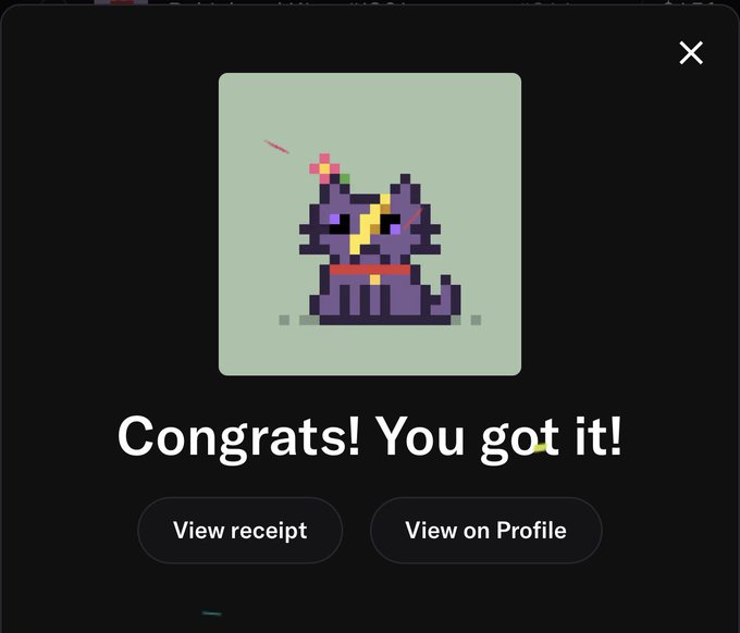 A popup displays a pixel art purple cat with a pink flower on its head, congratulating "You got it!" with options to "View receipt" and "View on Profile," relating to the user's mention of grabbing another item for their @tp4aph vault rank #145.