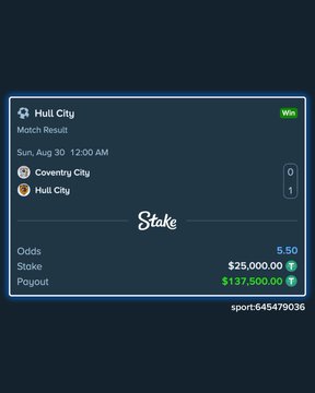 A Stake betting slip shows a successful "Hull City" match result wager from Sun, Aug 30 at 12:00 AM, where Hull City beat Coventry City 1-0. The bettor staked $25,000.00 at 5.50 odds, resulting in a $137,500.00 payout, illustrating the massive winning payout referenced in the caption about someone following @Evra's prediction.