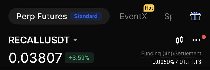 A screenshot of a cryptocurrency trading interface displaying the "RECALLUSDT" perpetual futures pair with a price of 0.03807 (up 3.59%) and a funding rate of 0.0050%. The image directly supports the post's promotional message by showing RECALL's real-time trading data, positioning it as the "next pump token" after previously trending tokens like SIREN, BAS, LAB, BANK, and RAVE.