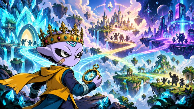 Colorful fantasy digital artwork depicting a crowned purple-skinned character holding a glowing orb, overlooking a magical landscape of floating islands, castles, and warriors.