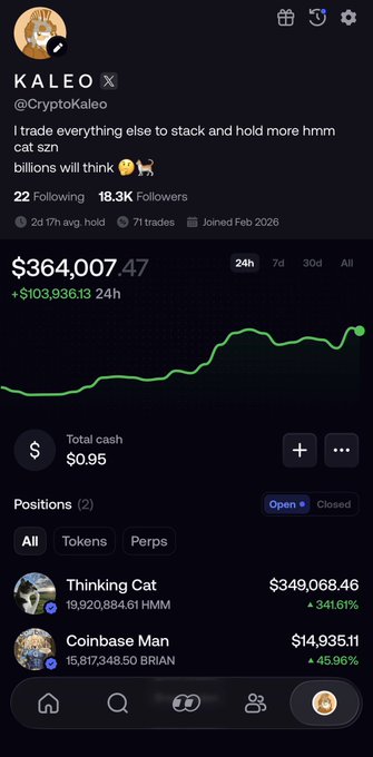 A social media/crypto portfolio screenshot of user @CryptoKaleo showing a $364,007.47 portfolio value with positions in 'Thinking Cat' ($349,068.46, HMM) up 341.61% and 'Coinbase Man' ($14,935.11, BRIAN) up 45.96%.